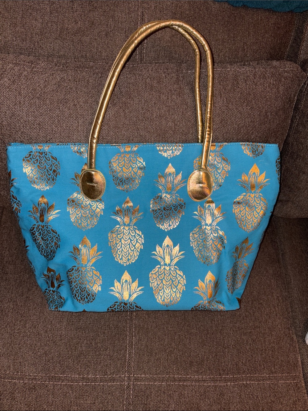 Turquoise Tote with Metallic Gold Pineapple Print